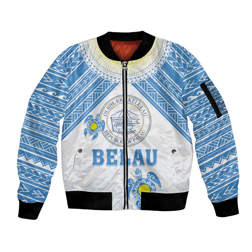 Personalised Palau Constitution Day Sleeve Zip Bomber Jacket Polynesian Turtle LT05 Unisex Blue - Polynesian Pride
