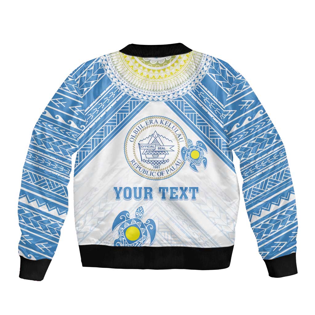 Personalised Palau Constitution Day Sleeve Zip Bomber Jacket Polynesian Turtle