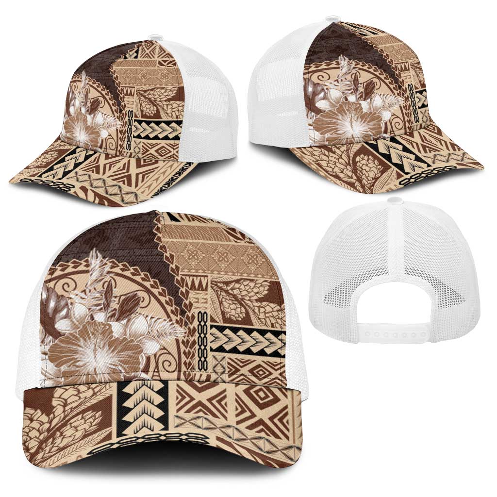 Samoa Siapo Elegant Baseball Net Cap Hibiscus Chocolate Brown Motifs - Polynesian Pride