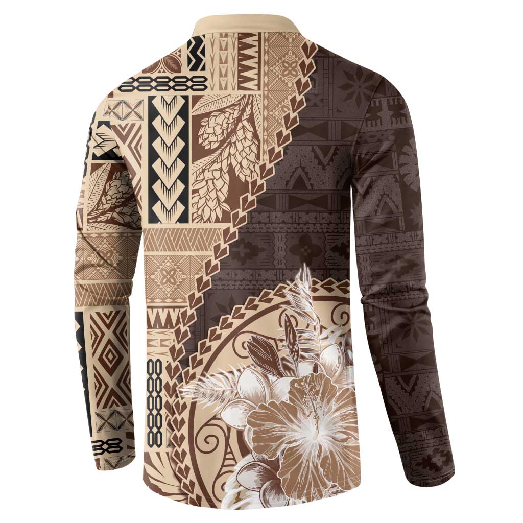 Samoa Siapo Elegant Button Sweatshirt Hibiscus Chocolate Brown Motifs - Polynesian Pride