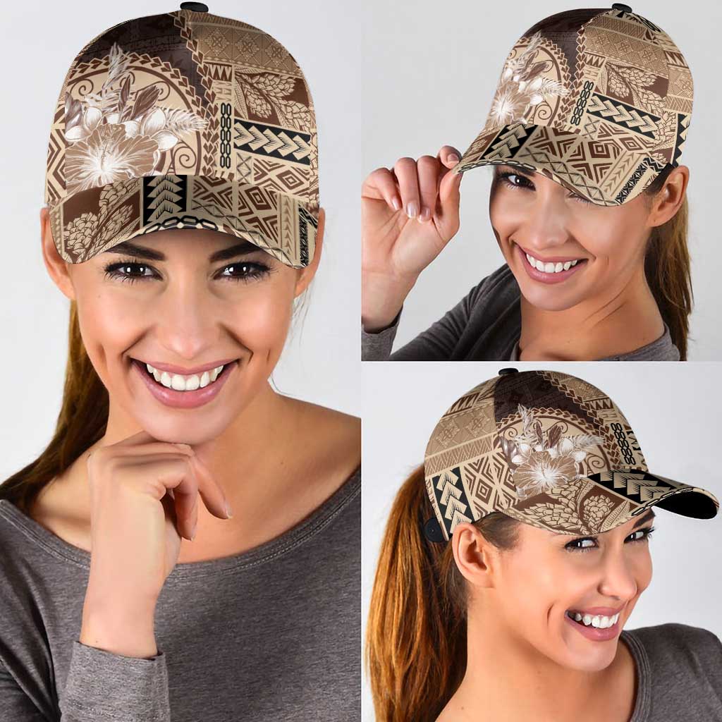 Samoa Siapo Elegant Classic Cap Hibiscus Chocolate Brown Motifs - Polynesian Pride