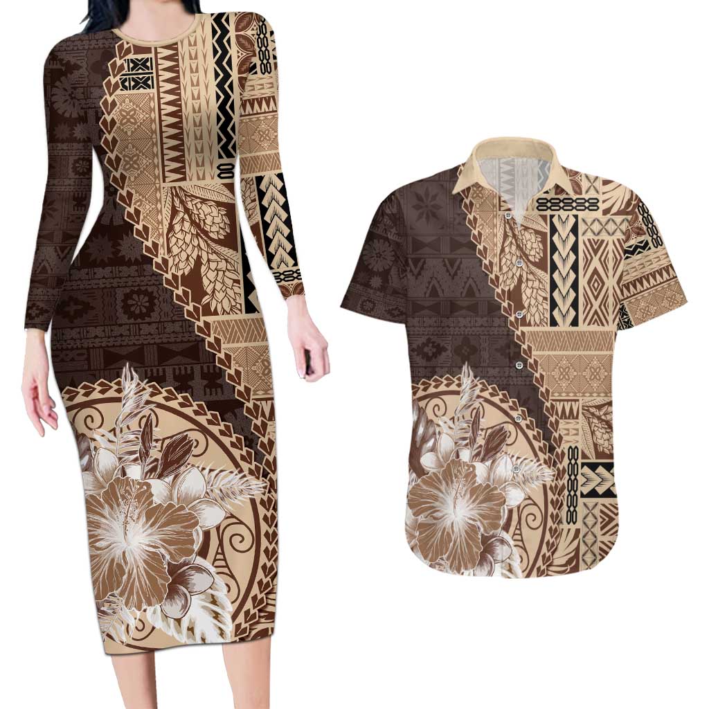 Samoa Siapo Elegant Couples Matching Long Sleeve Bodycon Dress and Hawaiian Shirt Hibiscus Chocolate Brown Motifs - Polynesian Pride