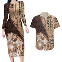 Samoa Siapo Elegant Couples Matching Long Sleeve Bodycon Dress and Hawaiian Shirt Hibiscus Chocolate Brown Motifs - Polynesian Pride