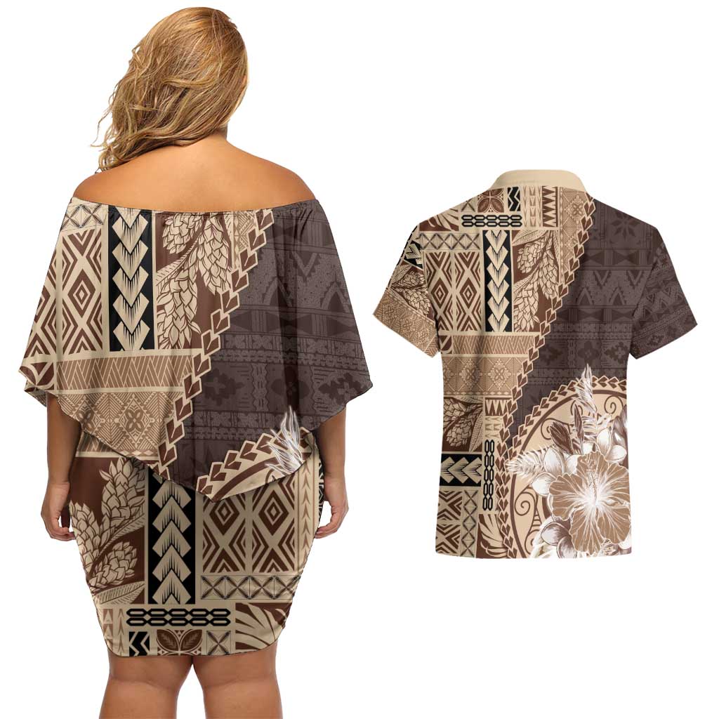 Samoa Siapo Elegant Couples Matching Off Shoulder Short Dress and Hawaiian Shirt Hibiscus Chocolate Brown Motifs - Polynesian Pride