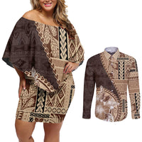 Samoa Siapo Elegant Couples Matching Off Shoulder Short Dress and Long Sleeve Button Shirt Hibiscus Chocolate Brown Motifs - Polynesian Pride
