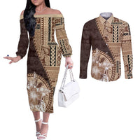 Samoa Siapo Elegant Couples Matching Off The Shoulder Long Sleeve Dress and Long Sleeve Button Shirt Hibiscus Chocolate Brown Motifs - Polynesian Pride