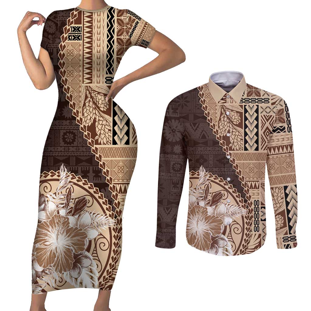 Samoa Siapo Elegant Couples Matching Short Sleeve Bodycon Dress and Long Sleeve Button Shirt Hibiscus Chocolate Brown Motifs - Polynesian Pride