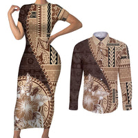 Samoa Siapo Elegant Couples Matching Short Sleeve Bodycon Dress and Long Sleeve Button Shirt Hibiscus Chocolate Brown Motifs - Polynesian Pride