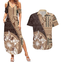 Samoa Siapo Elegant Couples Matching Summer Maxi Dress and Hawaiian Shirt Hibiscus Chocolate Brown Motifs - Polynesian Pride