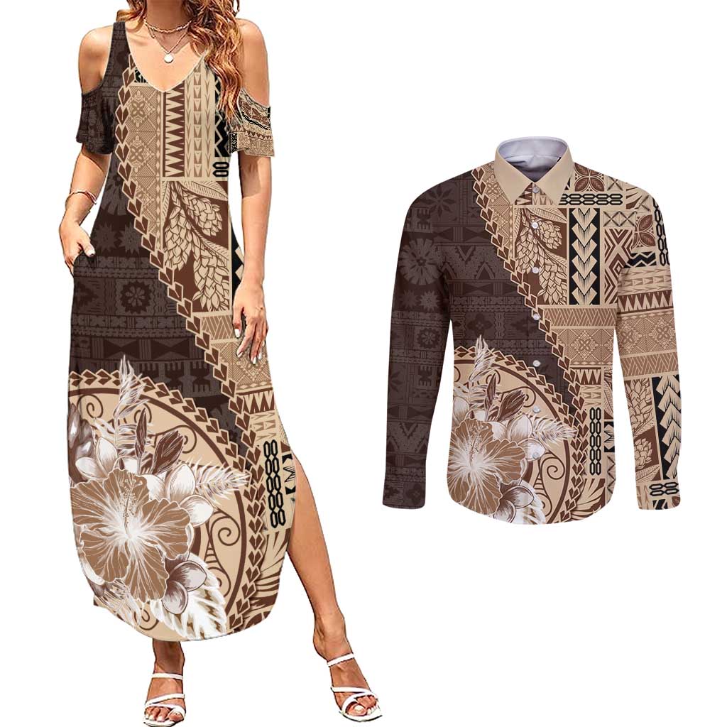 Samoa Siapo Elegant Couples Matching Summer Maxi Dress and Long Sleeve Button Shirt Hibiscus Chocolate Brown Motifs - Polynesian Pride