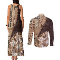 Samoa Siapo Elegant Couples Matching Tank Maxi Dress and Long Sleeve Button Shirt Hibiscus Chocolate Brown Motifs - Polynesian Pride