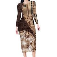 Samoa Siapo Elegant Family Matching Long Sleeve Bodycon Dress and Hawaiian Shirt Hibiscus Chocolate Brown Motifs LT05 Mom's Dress Brown - Polynesian Pride