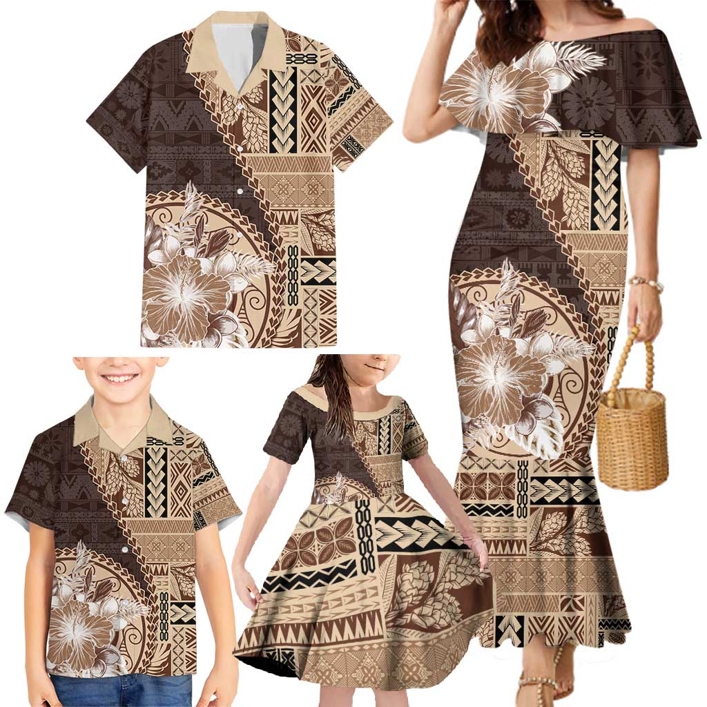 Samoa Siapo Elegant Family Matching Mermaid Dress and Hawaiian Shirt Hibiscus Chocolate Brown Motifs LT05 - Polynesian Pride
