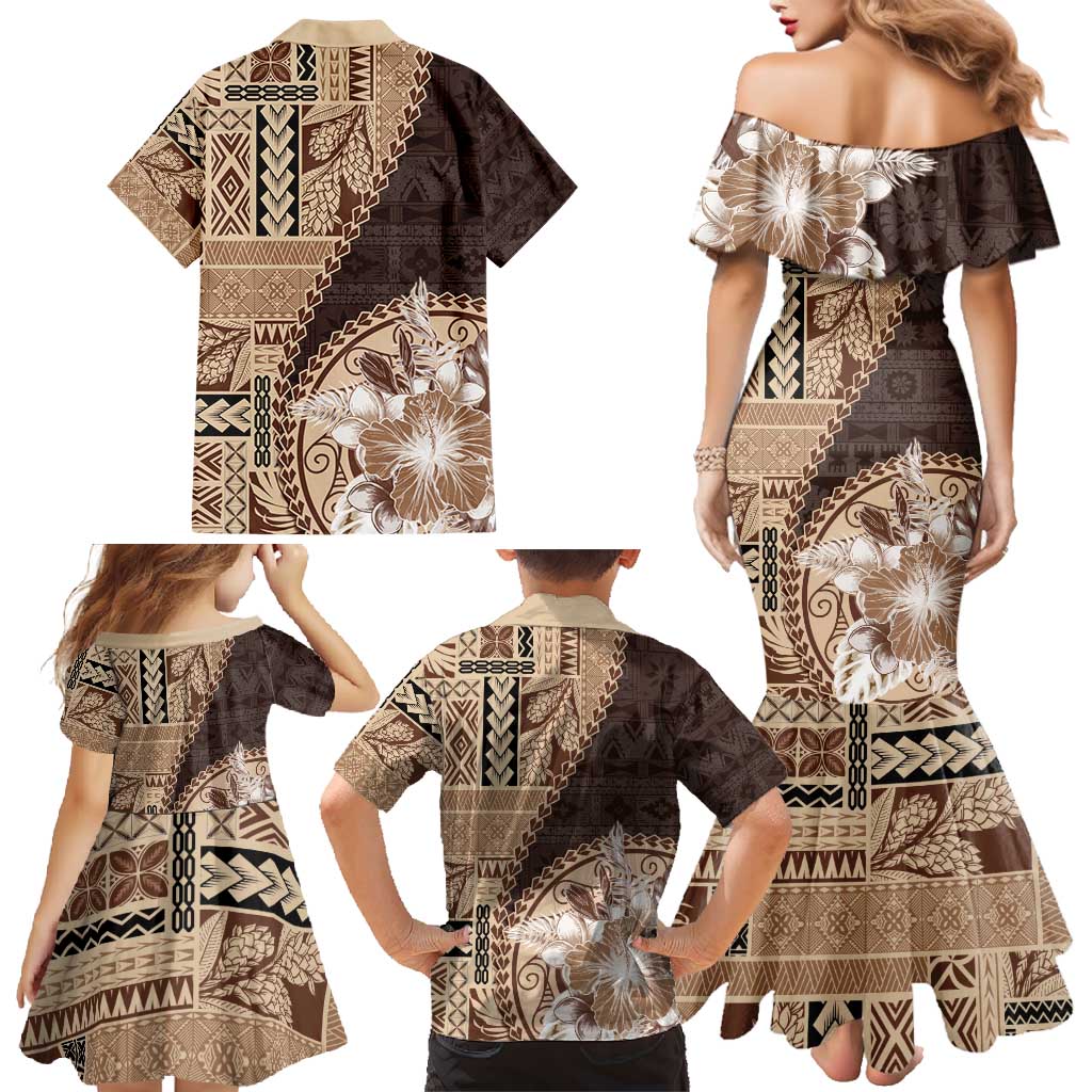 Samoa Siapo Elegant Family Matching Mermaid Dress and Hawaiian Shirt Hibiscus Chocolate Brown Motifs LT05 - Polynesian Pride