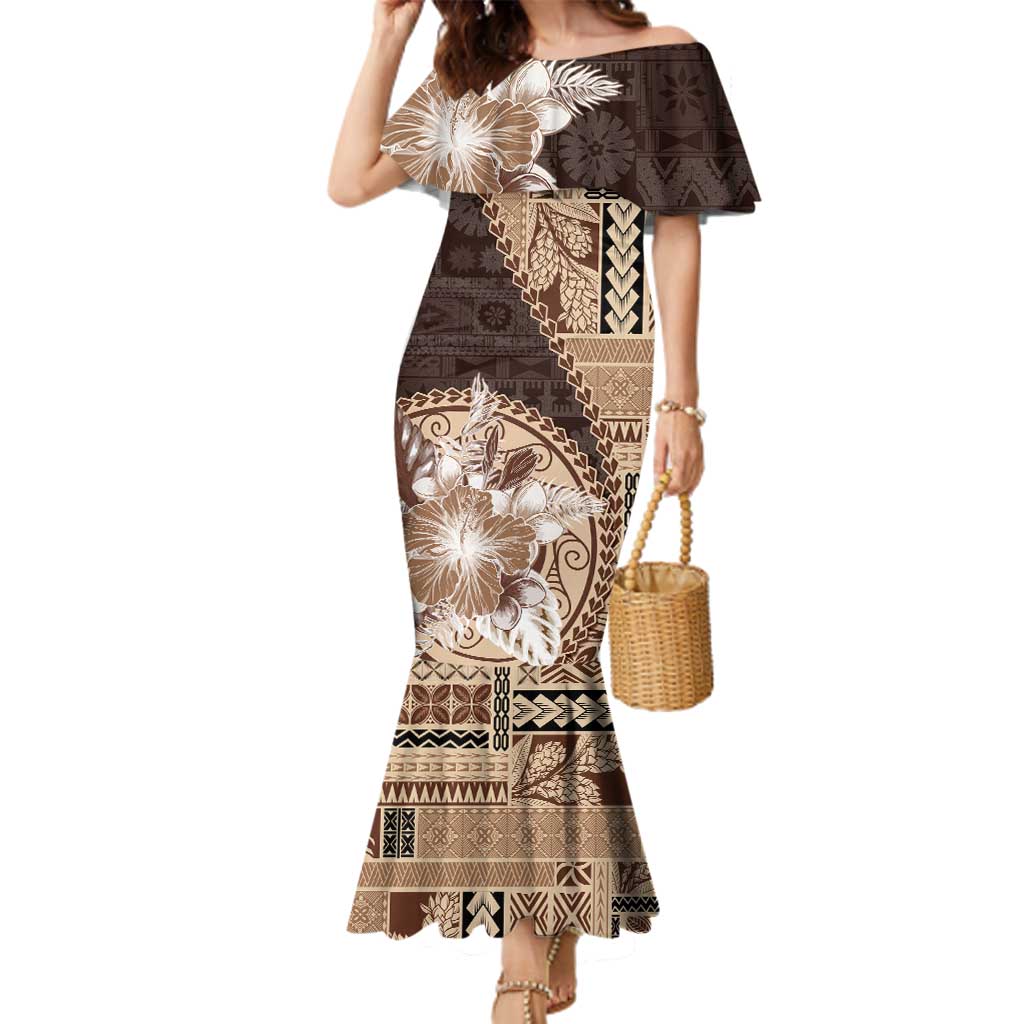Samoa Siapo Elegant Family Matching Mermaid Dress and Hawaiian Shirt Hibiscus Chocolate Brown Motifs LT05 Mom's Dress Brown - Polynesian Pride