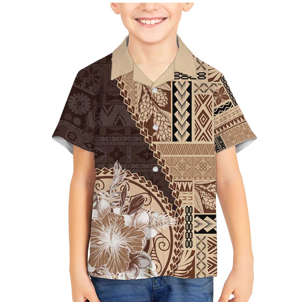 Samoa Siapo Elegant Family Matching Mermaid Dress and Hawaiian Shirt Hibiscus Chocolate Brown Motifs LT05 Son's Shirt Brown - Polynesian Pride