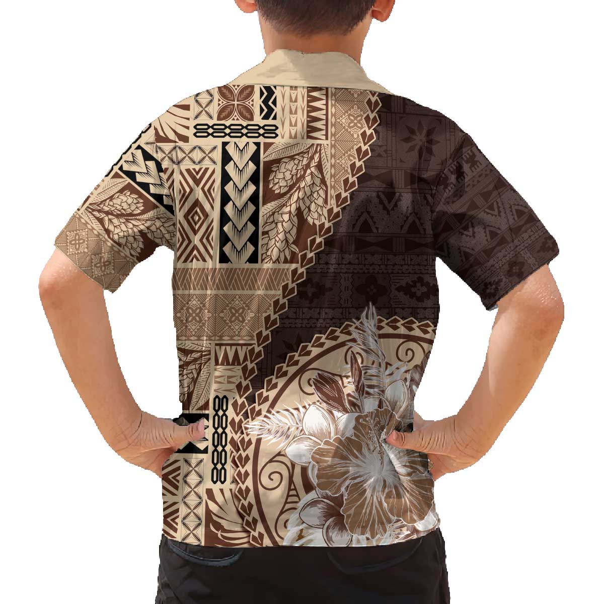 Samoa Siapo Elegant Family Matching Off The Shoulder Long Sleeve Dress and Hawaiian Shirt Hibiscus Chocolate Brown Motifs LT05 - Polynesian Pride