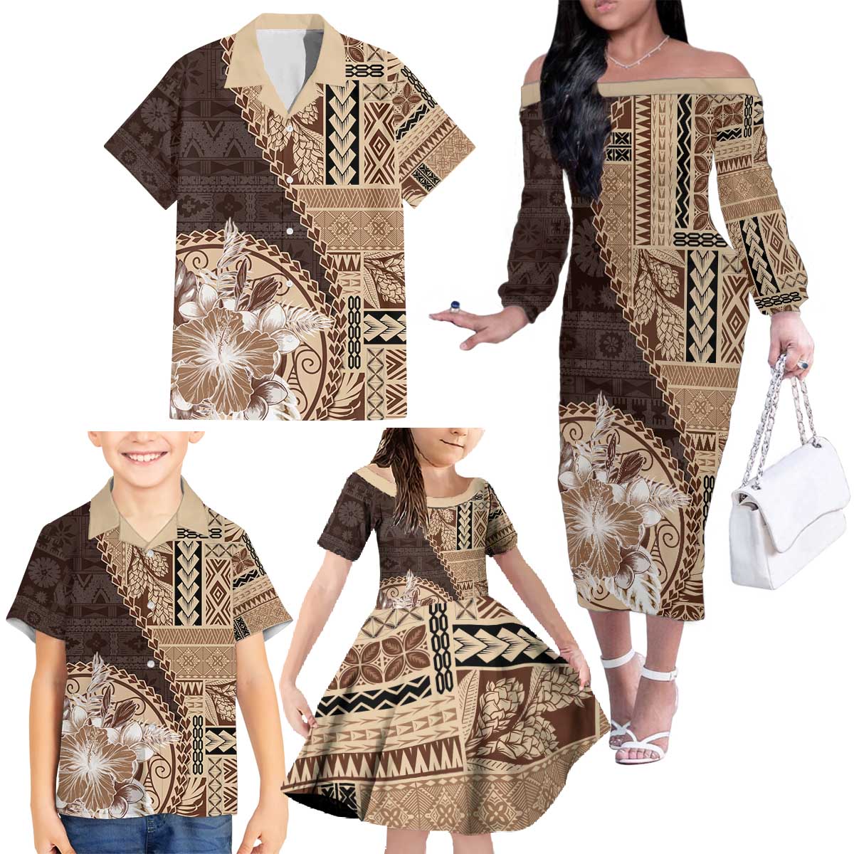 Samoa Siapo Elegant Family Matching Off The Shoulder Long Sleeve Dress and Hawaiian Shirt Hibiscus Chocolate Brown Motifs LT05 - Polynesian Pride