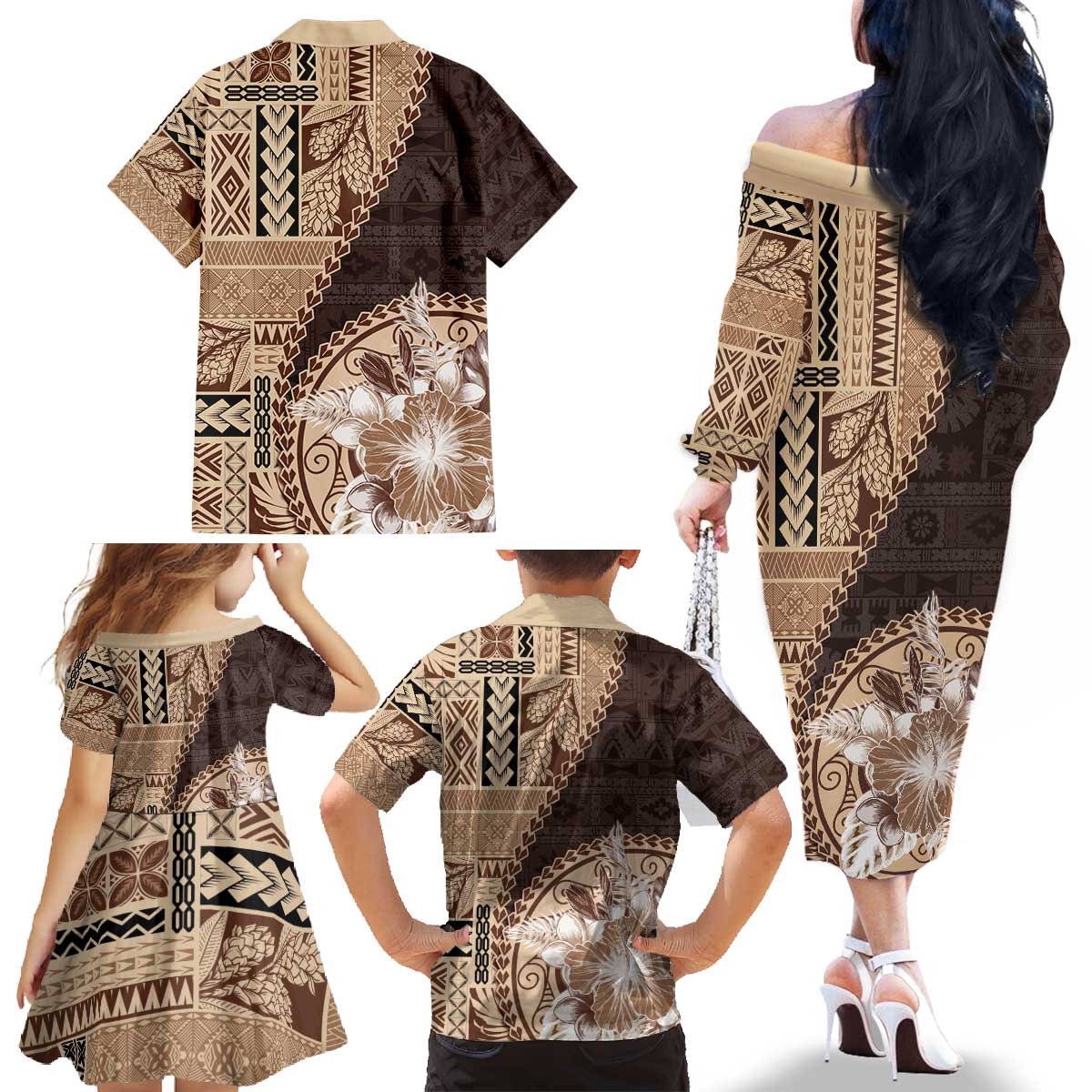 Samoa Siapo Elegant Family Matching Off The Shoulder Long Sleeve Dress and Hawaiian Shirt Hibiscus Chocolate Brown Motifs LT05 - Polynesian Pride