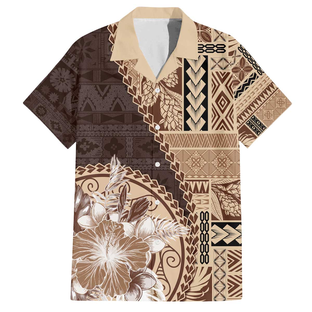 Samoa Siapo Elegant Family Matching Off The Shoulder Long Sleeve Dress and Hawaiian Shirt Hibiscus Chocolate Brown Motifs LT05 Dad's Shirt - Short Sleeve Brown - Polynesian Pride