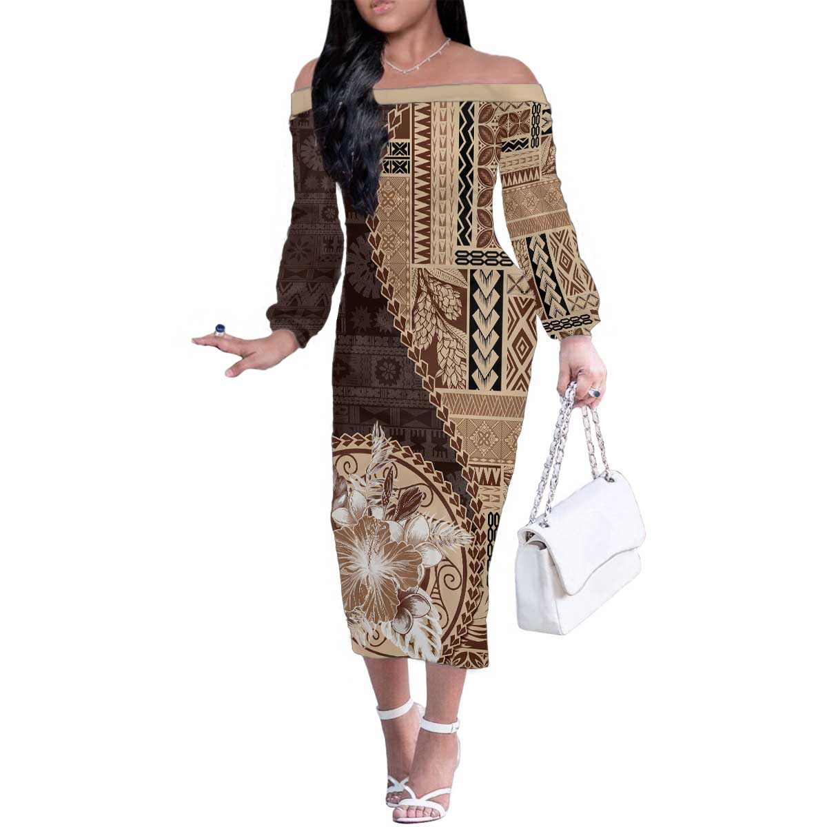 Samoa Siapo Elegant Family Matching Off The Shoulder Long Sleeve Dress and Hawaiian Shirt Hibiscus Chocolate Brown Motifs LT05 Mom's Dress Brown - Polynesian Pride