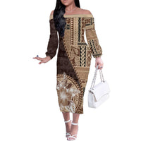 Samoa Siapo Elegant Family Matching Off The Shoulder Long Sleeve Dress and Hawaiian Shirt Hibiscus Chocolate Brown Motifs LT05 Mom's Dress Brown - Polynesian Pride