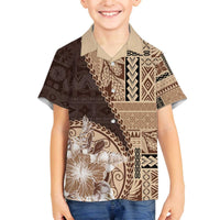Samoa Siapo Elegant Family Matching Off The Shoulder Long Sleeve Dress and Hawaiian Shirt Hibiscus Chocolate Brown Motifs LT05 Son's Shirt Brown - Polynesian Pride