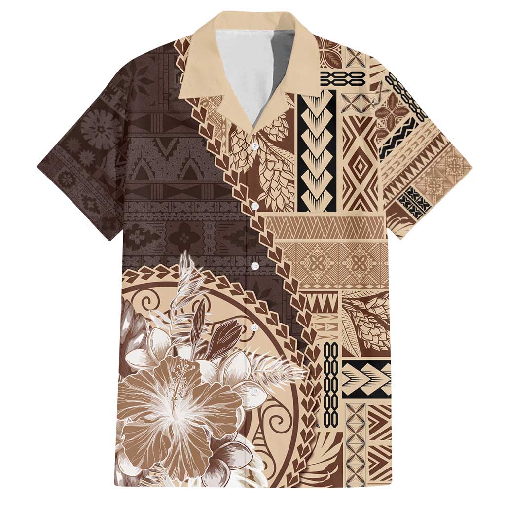 Samoa Siapo Elegant Family Matching Off Shoulder Maxi Dress and Hawaiian Shirt Hibiscus Chocolate Brown Motifs - Polynesian Pride