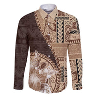Samoa Siapo Elegant Family Matching Off Shoulder Short Dress and Hawaiian Shirt Hibiscus Chocolate Brown Motifs - Polynesian Pride