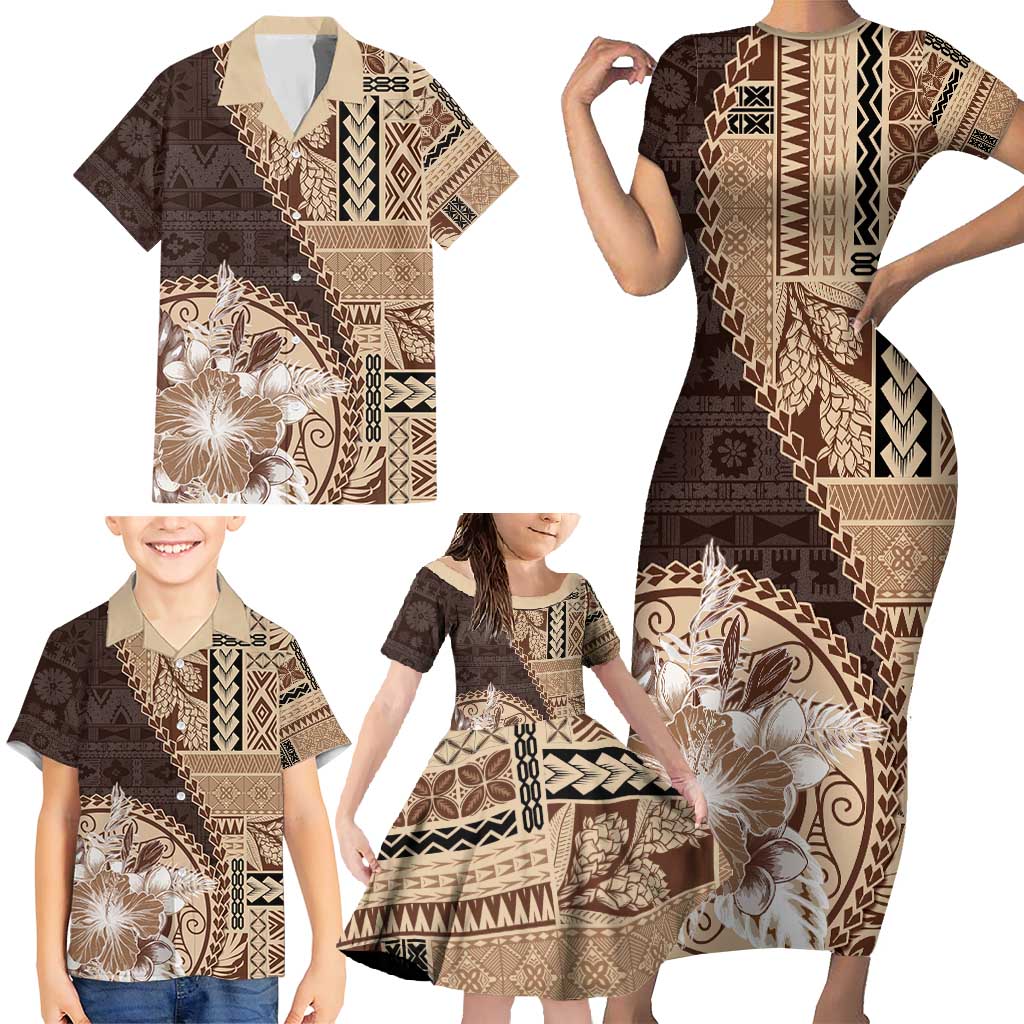 Samoa Siapo Elegant Family Matching Short Sleeve Bodycon Dress and Hawaiian Shirt Hibiscus Chocolate Brown Motifs LT05 - Polynesian Pride