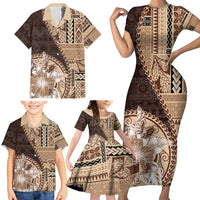 Samoa Siapo Elegant Family Matching Short Sleeve Bodycon Dress and Hawaiian Shirt Hibiscus Chocolate Brown Motifs LT05 - Polynesian Pride