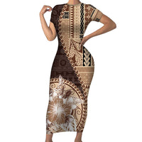 Samoa Siapo Elegant Family Matching Short Sleeve Bodycon Dress and Hawaiian Shirt Hibiscus Chocolate Brown Motifs LT05 Mom's Dress Brown - Polynesian Pride