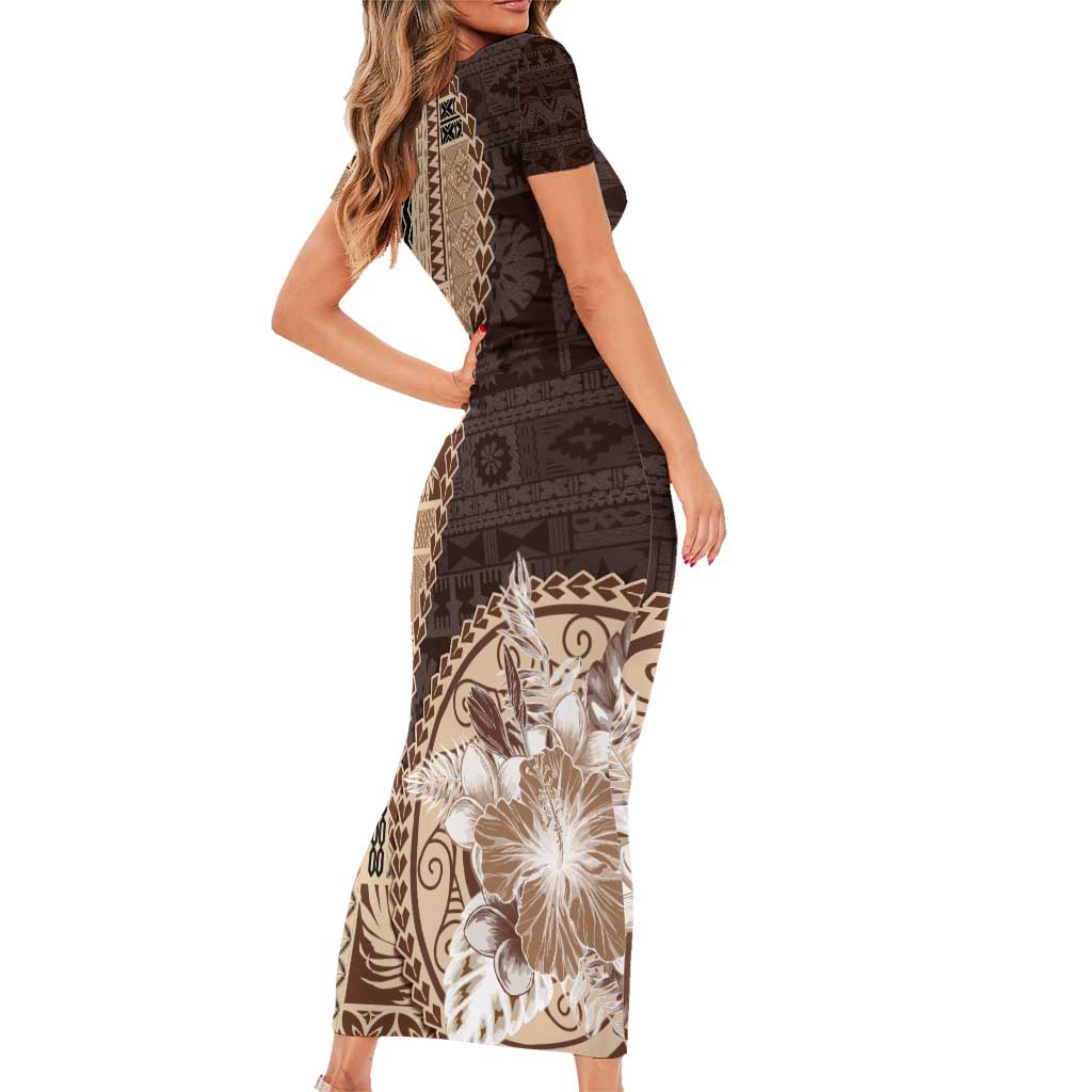 Samoa Siapo Elegant Family Matching Short Sleeve Bodycon Dress and Hawaiian Shirt Hibiscus Chocolate Brown Motifs LT05 - Polynesian Pride