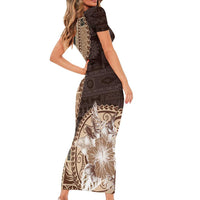 Samoa Siapo Elegant Family Matching Short Sleeve Bodycon Dress and Hawaiian Shirt Hibiscus Chocolate Brown Motifs LT05 - Polynesian Pride