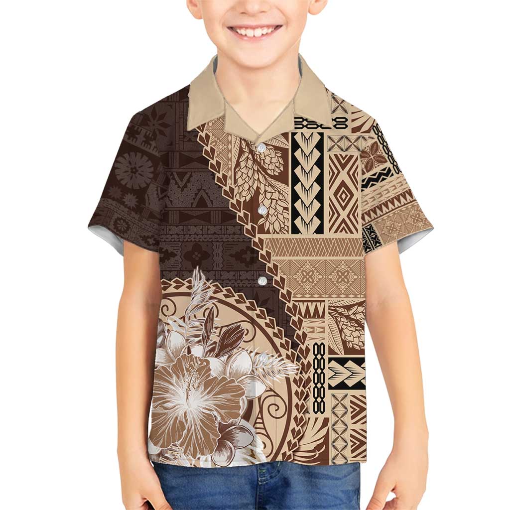 Samoa Siapo Elegant Family Matching Summer Maxi Dress and Hawaiian Shirt Hibiscus Chocolate Brown Motifs - Polynesian Pride