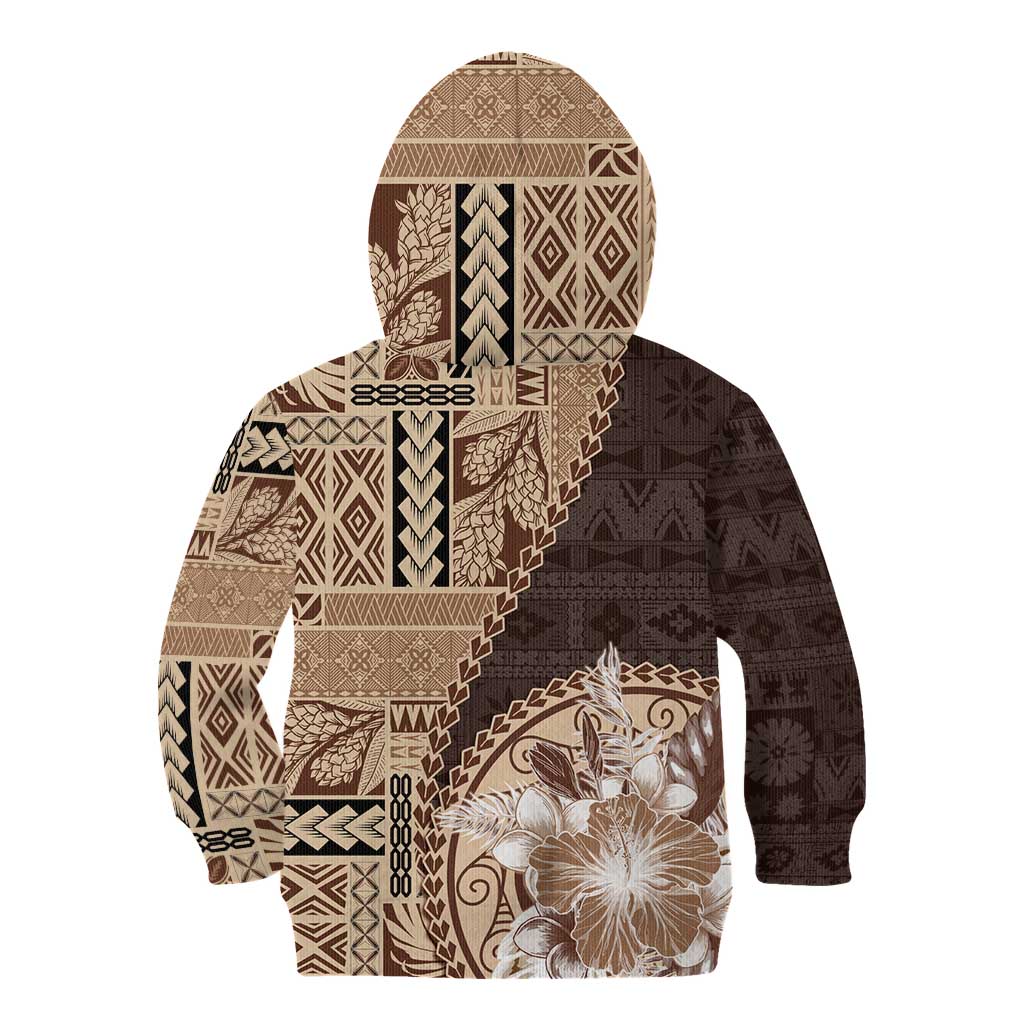 Samoa Siapo Elegant Kid Hoodie Hibiscus Chocolate Brown Motifs - Polynesian Pride