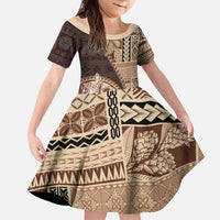 Samoa Siapo Elegant Kid Short Sleeve Dress Hibiscus Chocolate Brown Motifs - Polynesian Pride