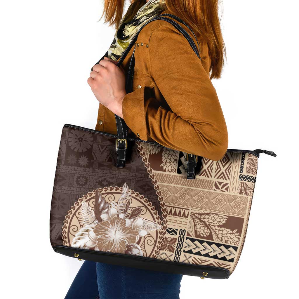 Samoa Siapo Elegant Leather Tote Bag Hibiscus Chocolate Brown Motifs - Polynesian Pride