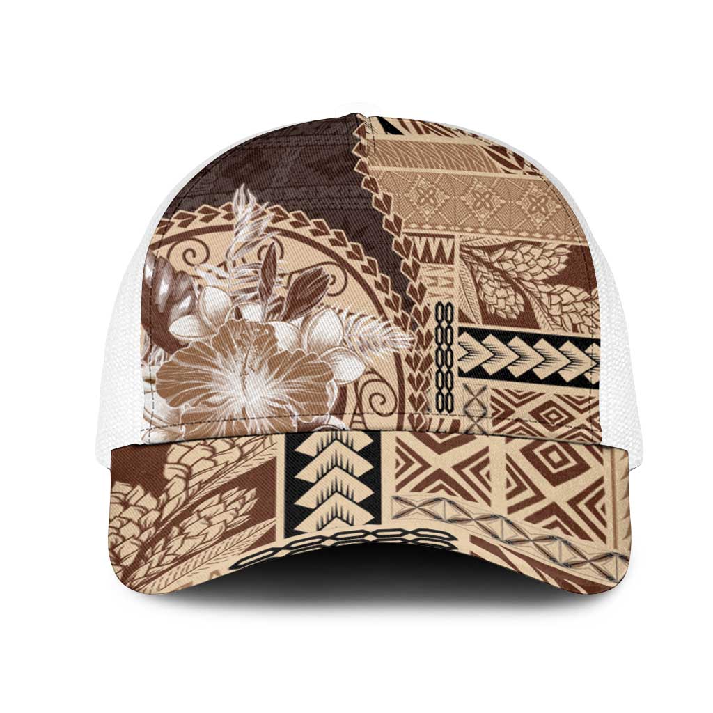 Samoa Siapo Elegant Mesh Trucker Cap Hibiscus Chocolate Brown Motifs - Polynesian Pride