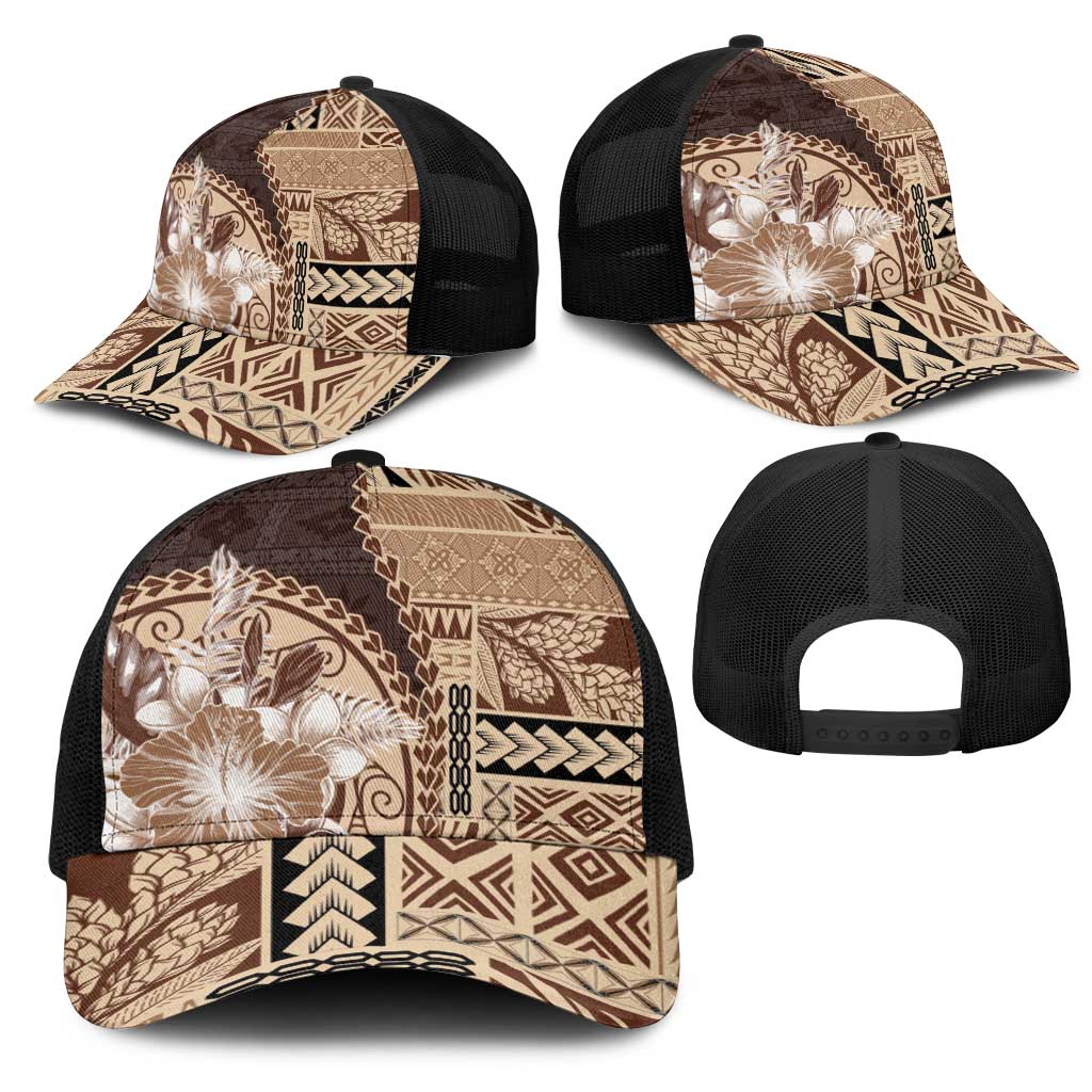 Samoa Siapo Elegant Mesh Trucker Cap Hibiscus Chocolate Brown Motifs - Polynesian Pride