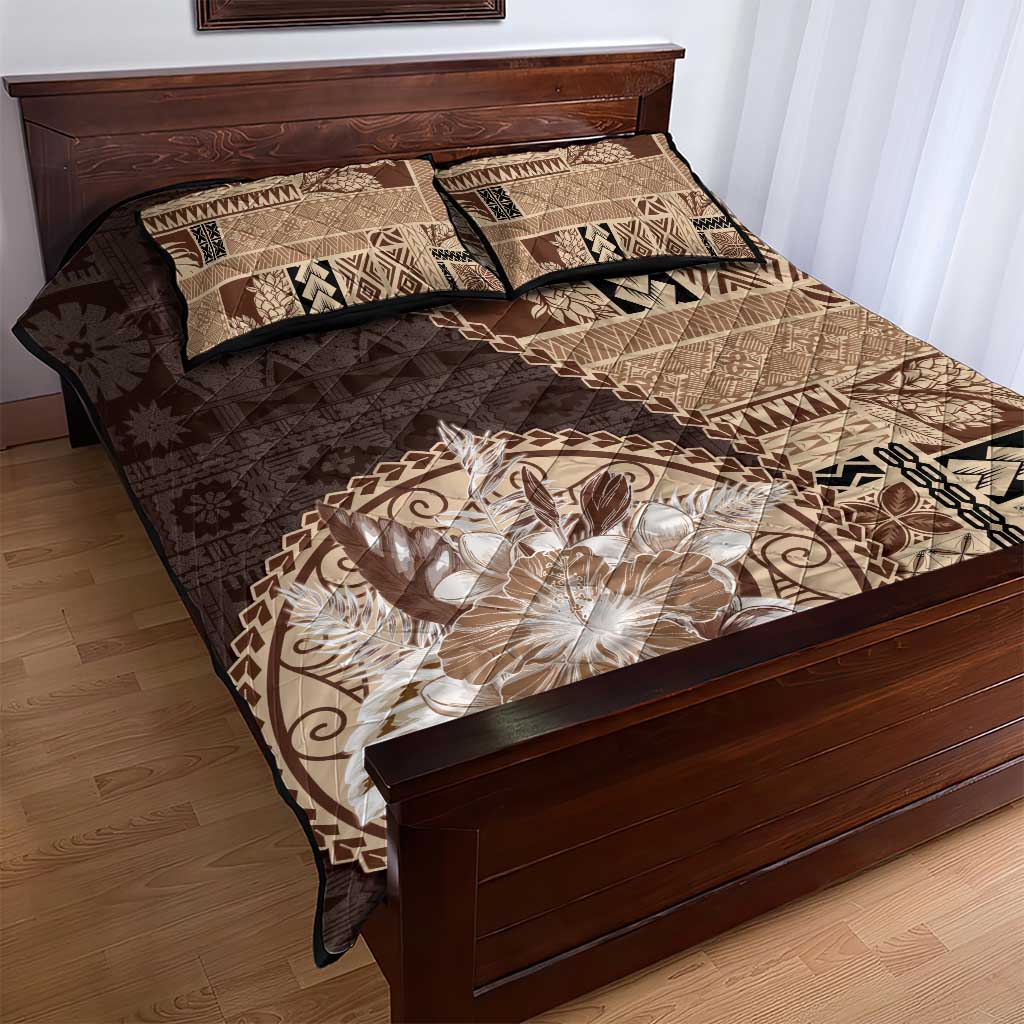 Samoa Siapo Elegant Quilt Bed Set Hibiscus Chocolate Brown Motifs - Polynesian Pride