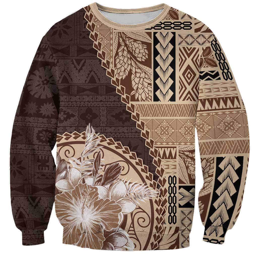 Samoa Siapo Elegant Sweatshirt Hibiscus Chocolate Brown Motifs - Polynesian Pride