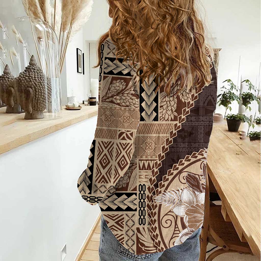 Samoa Siapo Elegant Women Casual Shirt Hibiscus Chocolate Brown Motifs - Polynesian Pride
