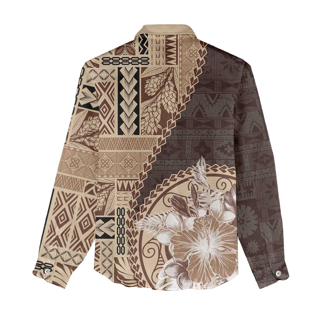 Samoa Siapo Elegant Women Casual Shirt Hibiscus Chocolate Brown Motifs - Polynesian Pride
