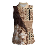 Samoa Siapo Elegant Women Sleeveless Polo Shirt Hibiscus Chocolate Brown Motifs - Polynesian Pride