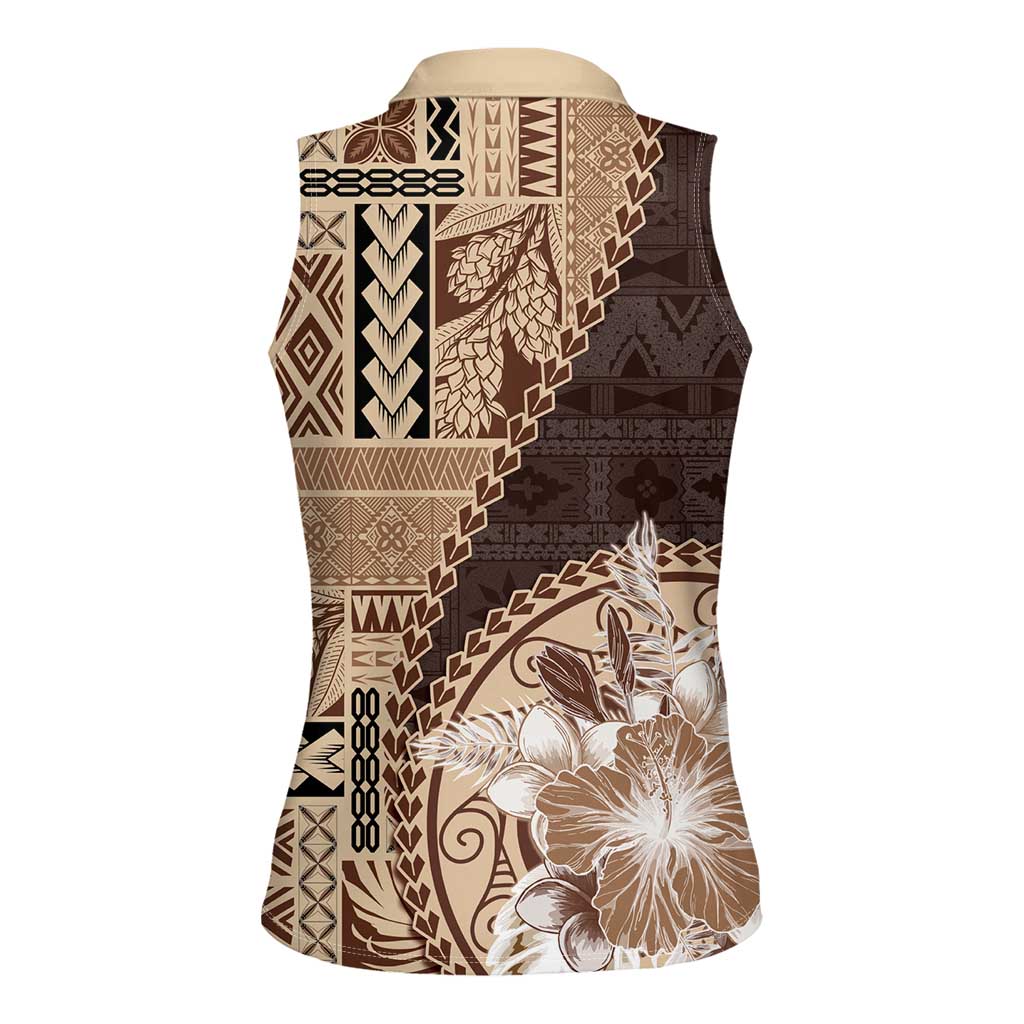 Samoa Siapo Elegant Women Sleeveless Polo Shirt Hibiscus Chocolate Brown Motifs - Polynesian Pride