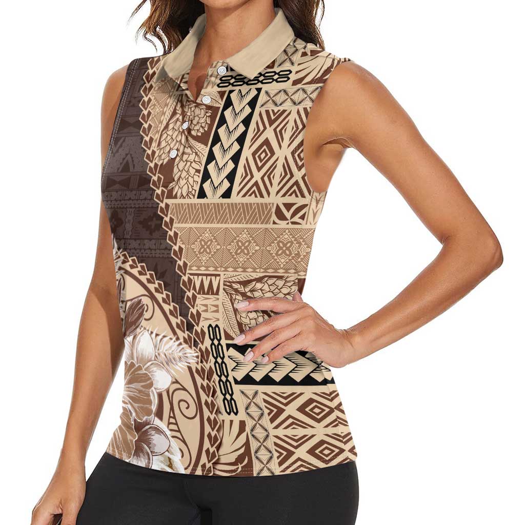 Samoa Siapo Elegant Women Sleeveless Polo Shirt Hibiscus Chocolate Brown Motifs - Polynesian Pride