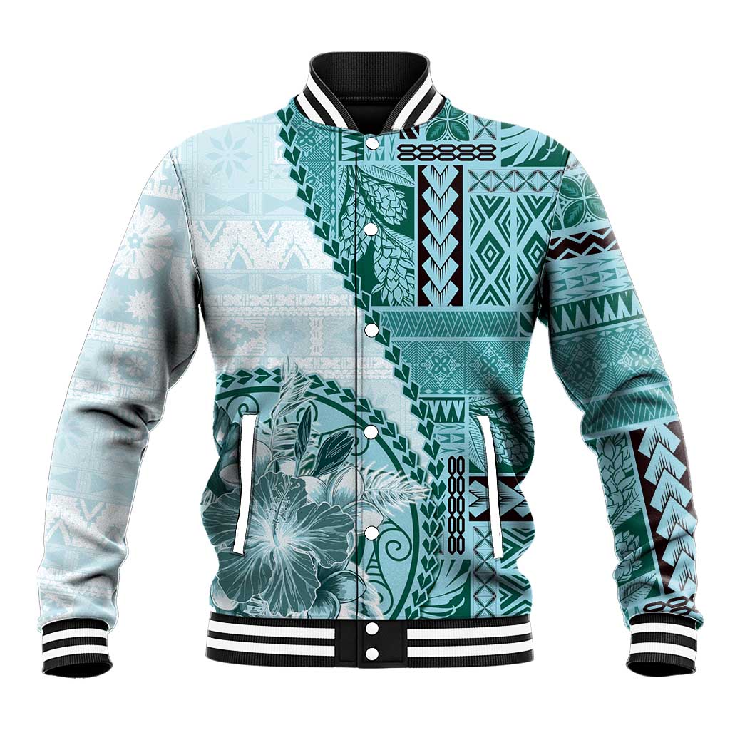 Samoa Siapo Elegant Baseball Jacket Hibiscus Teal Motifs - Polynesian Pride