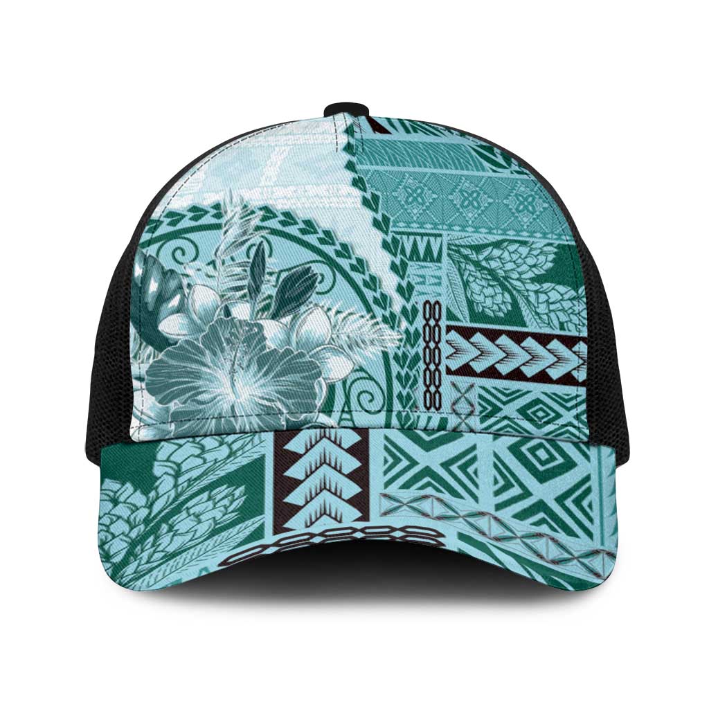 Samoa Siapo Elegant Baseball Net Cap Hibiscus Teal Motifs - Polynesian Pride