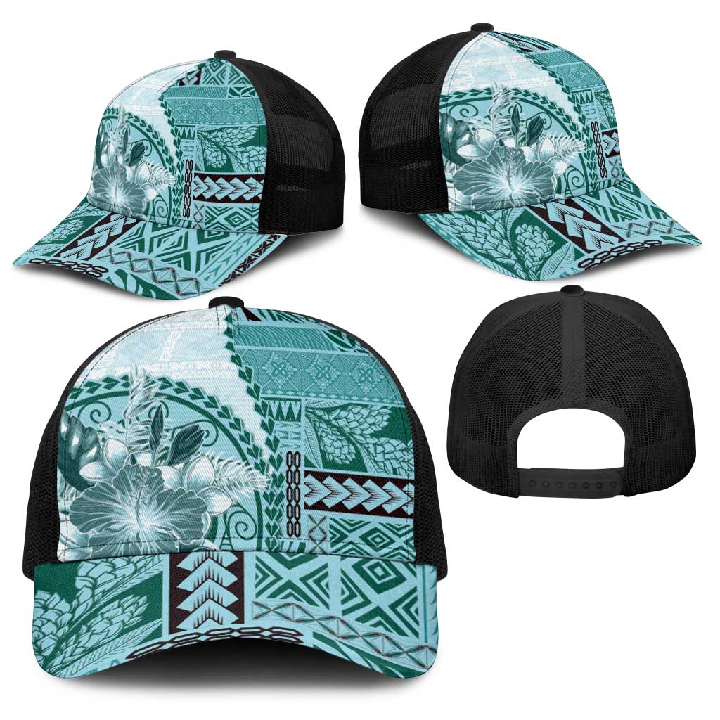 Samoa Siapo Elegant Baseball Net Cap Hibiscus Teal Motifs - Polynesian Pride
